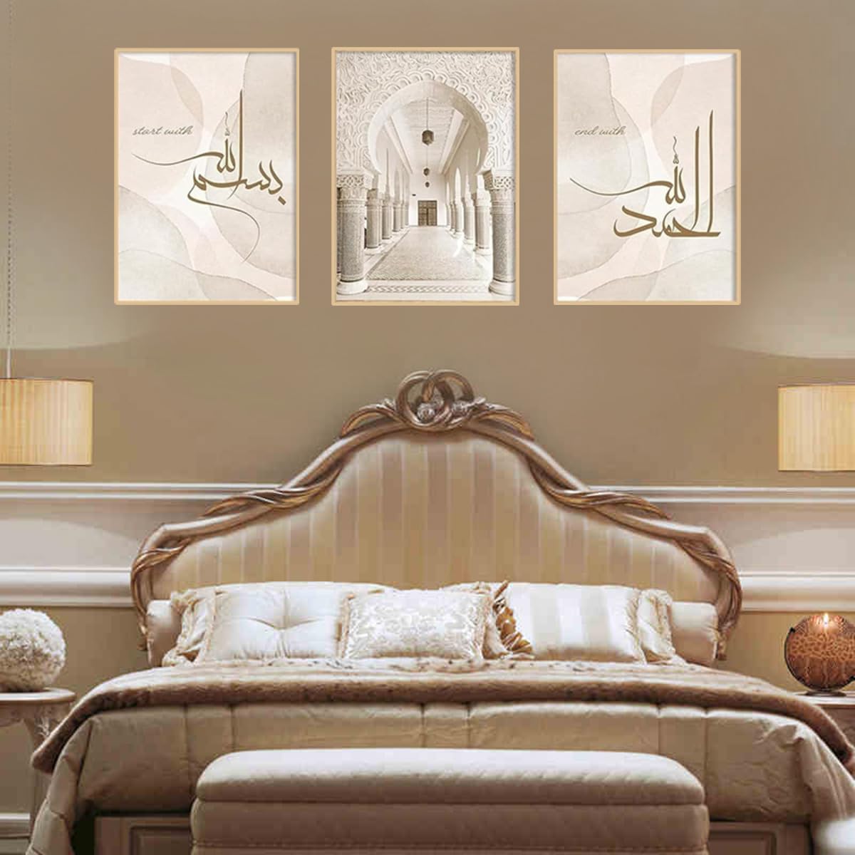 AEEYDDWE Lot de 3 posters modernes beiges, architecture islamique et motifs textuels, matériau sur toile, décoration pour salon, chambre à coucher, bureau, sans cadre (80 x 120 cm)
