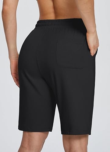 Miniatura 2 de baleaf Bermudas de algodón para mujer, pantalones cortos largos de 10 pulgadas de largo hasta la rodilla, holgadas, con cordón en la cintura