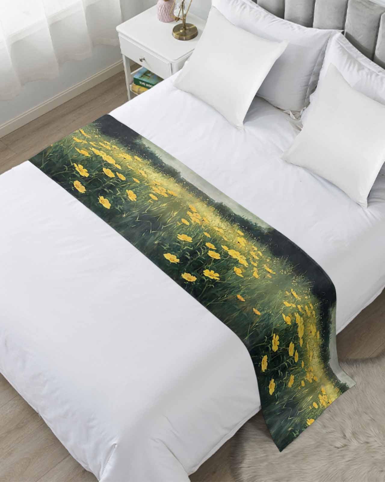 DecorLovee Yellow Spring Floral Bed Runners for King Size Bed, Decorative Bed Throws for Foot of Bed, Modern Oil Painting Pastoral Botanical Bed Runner Sofa Throw Bedding Scarf Protector for Bedroom