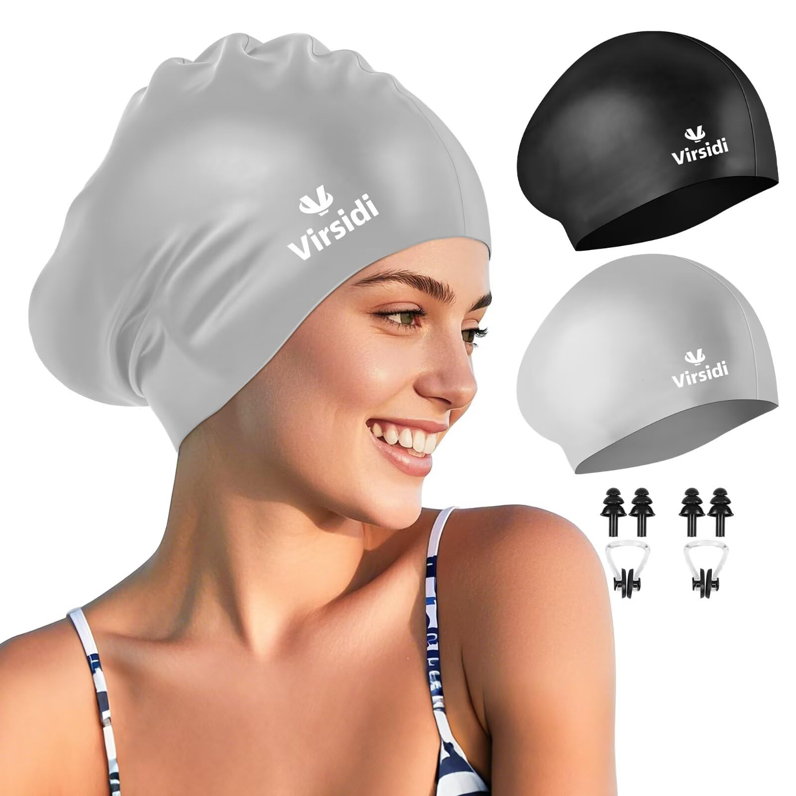 Paquete de 2 gorros de natación grandes para cabello largo, gorro de natación de silicona para adultos, mujeres y hombres, gorros de natación impermeables para mantener el cabello seco con clip de