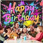 Neon Birthday Party Decorations, Neon Happy Birthday Banner Backdrop Sign, Glow in The Dark Party Photography Background - Image 4