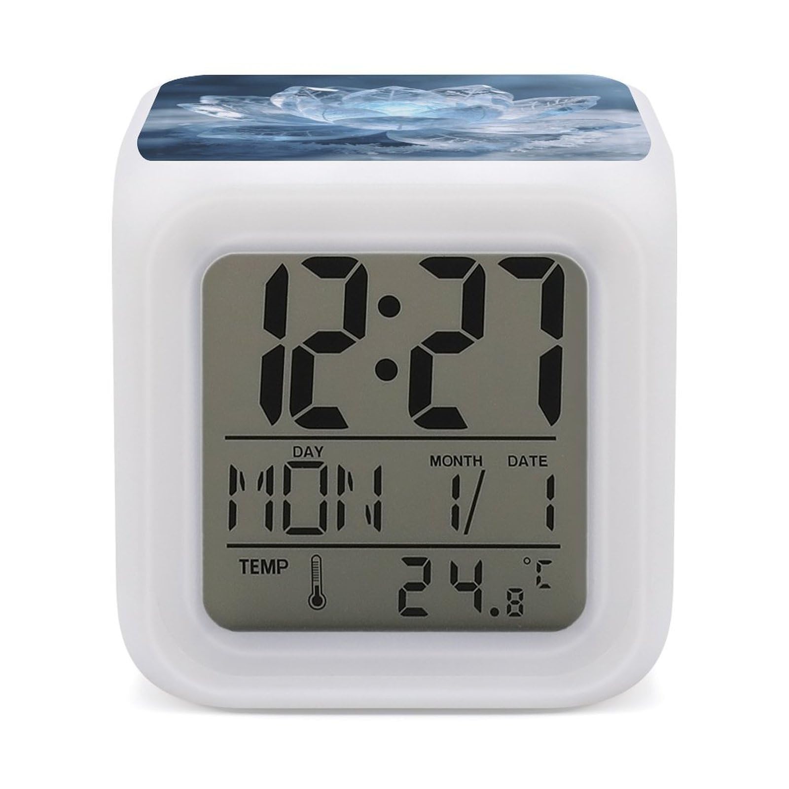 VstaDank Frost Lotus Glowing Light Alarm Clock 7 Color Changing LED Wake-Up Clocks Printed Home Decoration Multi-Color Night Light Digital Alarm Clock with Temperature Display for Home Office