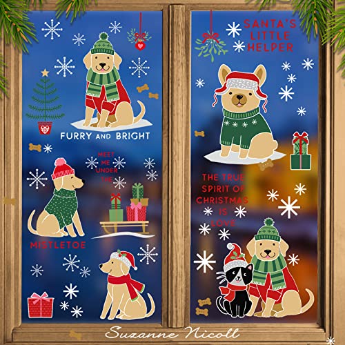 Christmas Window Clings Double Sided Printed Puppy Dog Winter Stickers for Glass Windows - Decals for Home Decorations 4 Sheets