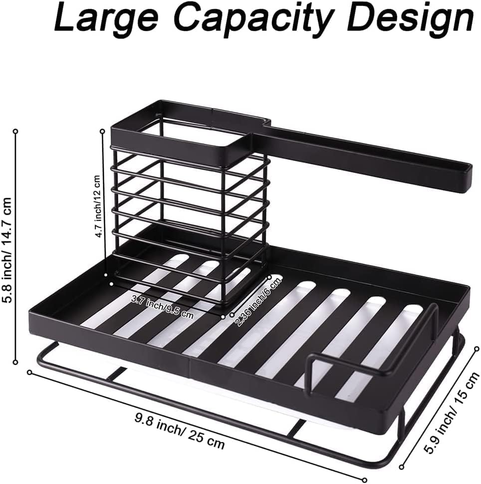 STKYGOOD Kitchen Sink Caddy Organizer, Kitchen Caddy for Sponge Soap Brush Dishcloth Holder with Drain Pan Tray, Sponge Holder for Kitchen Sink 304 Stainless Steel Rustproof (Black)