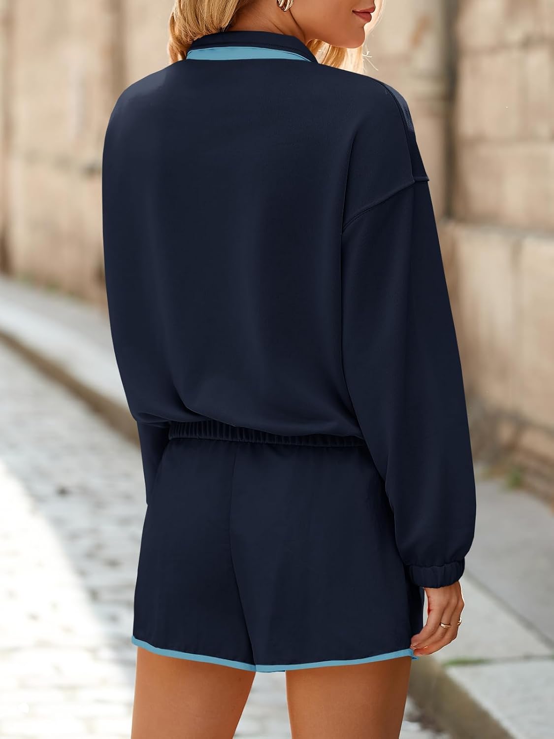 Fisoew Womens 2 Piece Sets Sweatsuits Casual Half Button Color Block Sweatshirts Running Shorts Tracksuits Fall Outfits - Image 4