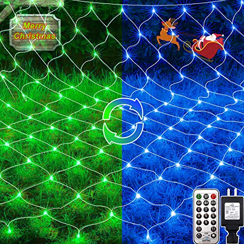 Christmas Color Changing Net Lights 200 LED 9.8ft x 6.6ft String Lights with 11 Modes Remote and Christmas Tree wrap Fairy Light Hanging Lights for Background Lawn Bushes Outdoor (Blue and Green)