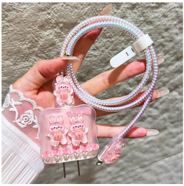 Image of Protective Charger Case for iPhone 18W 20W iPhone 15 14 13 12 11 Pro Max Charging Cable Charger Protective Cover Data Cable Protective Sleeve -(Pink Rabbit)