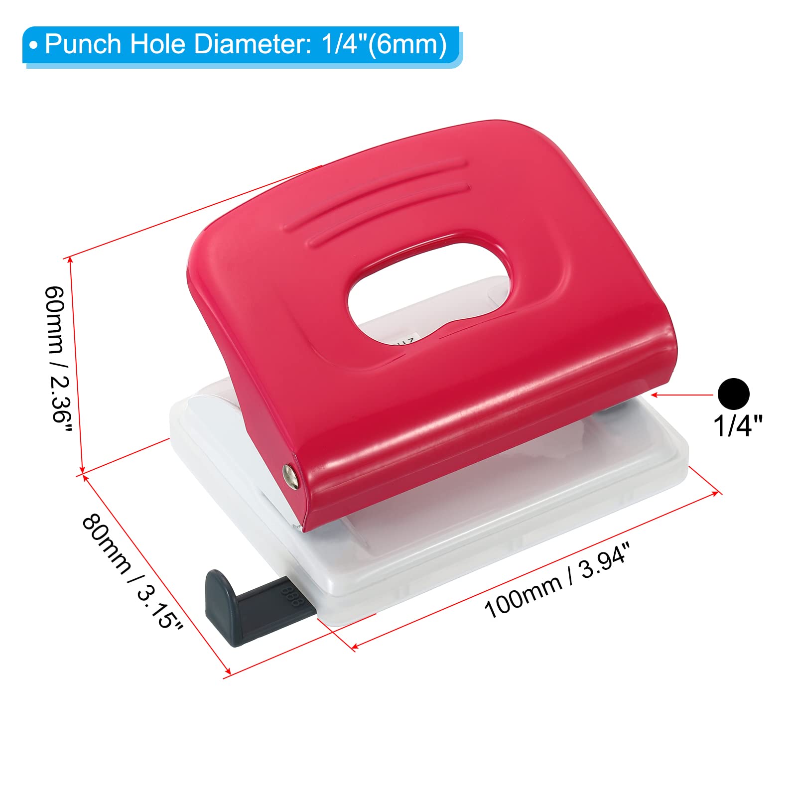 PATIKIL 1/4" 2 Hole Paper Punch, Metal Hole Puncher 10 Sheet Punch Capacity Adjustable Hole Punch for Office and Home Supplies Red - Image 2