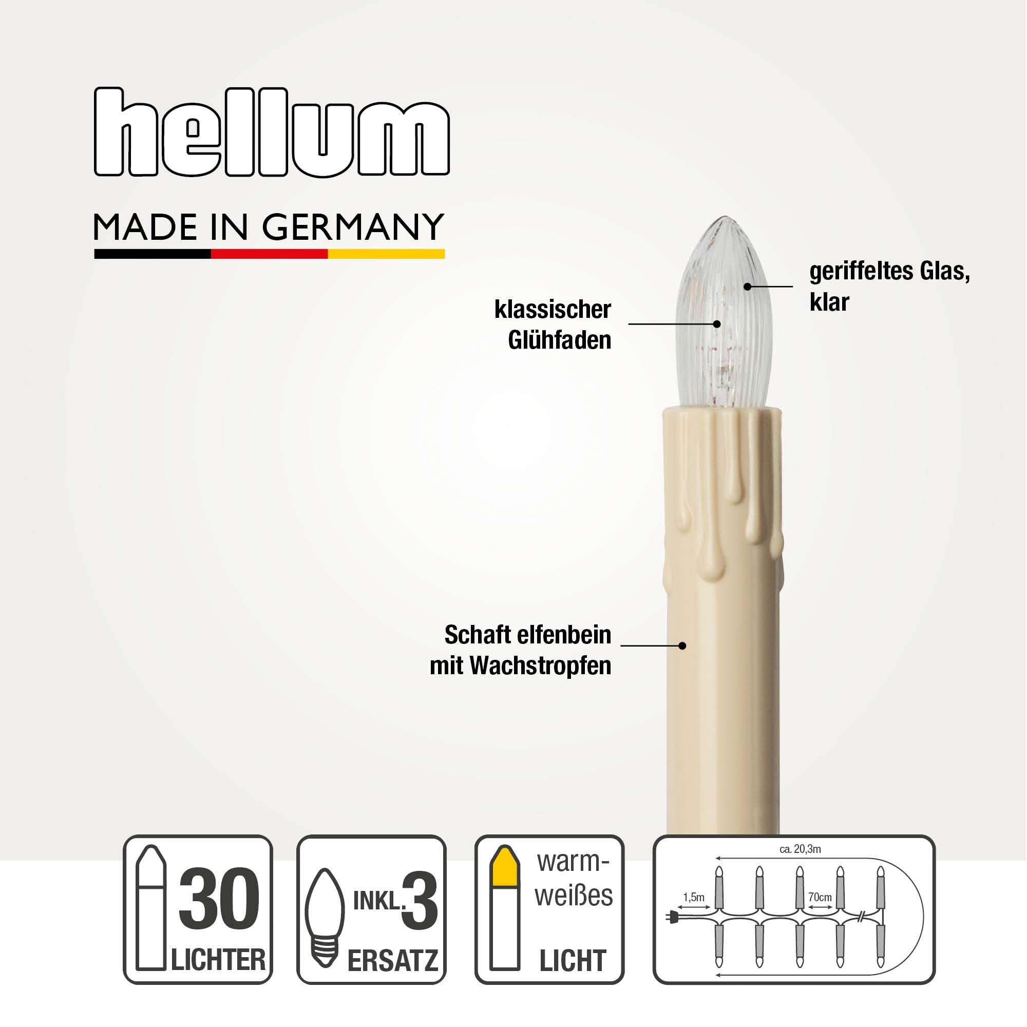 hellum Lichterkette Kerzen Weihnachtsbaum mit Wachstropfen für innen, Made in Germany, 30 Lichter mit teilbarem Stecker, 20,30 m beleuchtet, inklusive 3 Ersatzkerzen, kein LED <59lm 430257