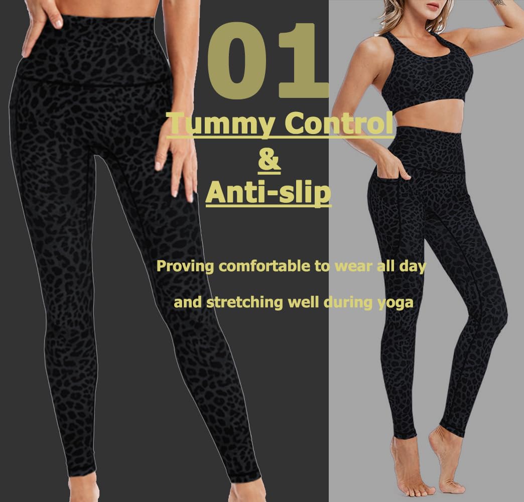 FASHICONS - Leggings de yoga para mujer de cintura alta, con estampado de leopardo, color gris oscuro, azul, con bolsillos, suaves, a prueba de sentadillas, control de abdomen, pantalones de