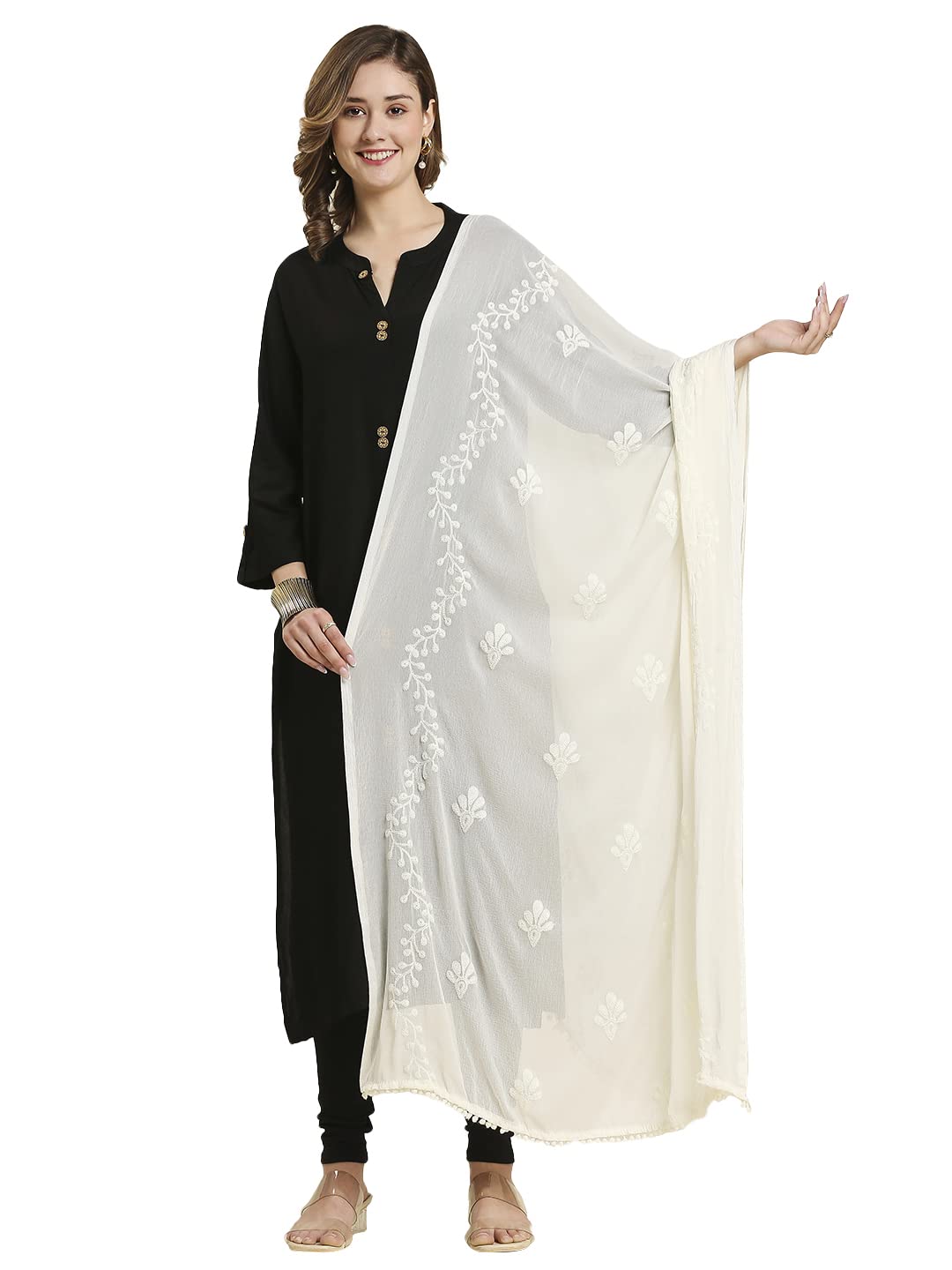dupatta bazaar Women's Embroidered Cream Chiffon Dupatta With Pom Pom Lace, free size-picture-39