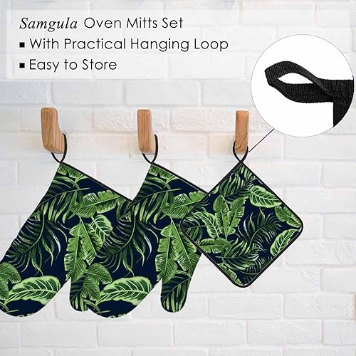 Miniatura 5 de Juego de manoplas de horno y soportes para ollas de hojas verdes, palmeras tropicales, exóticas, resistentes al calor, 3 piezas para cocinar,