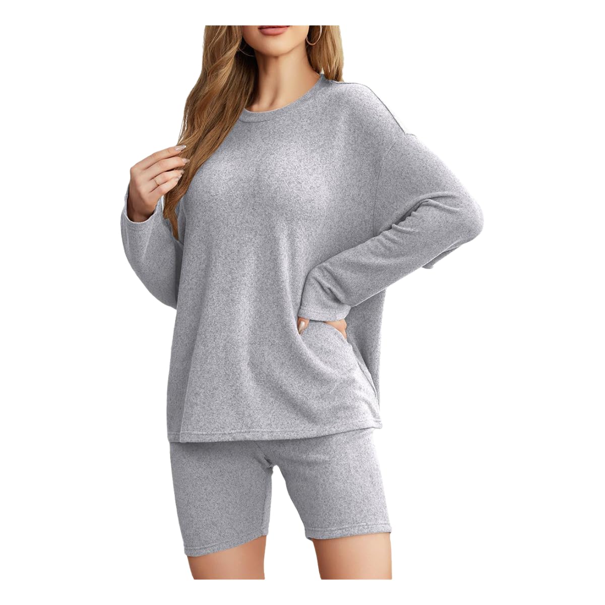 Camicia da Notte Sexy a Bretelle Design Primaverile E Estate Donna Casualizza Maniche Lunghe Comode Pantaloncini Due Pezzi-Grigio-s