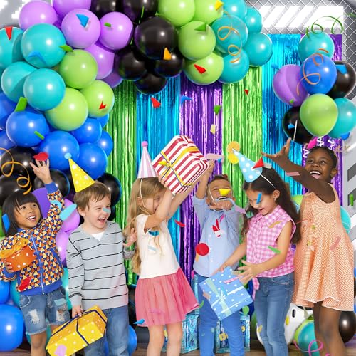 Image of Video Game Balloon Arch Garland Kit Birthday Party Decorations, Purple Blue Green Foil Fringe Curtains Backdrop Tinsel Streamer Photo Booth Props for Gaming Theme Party Decor Supplies Favors