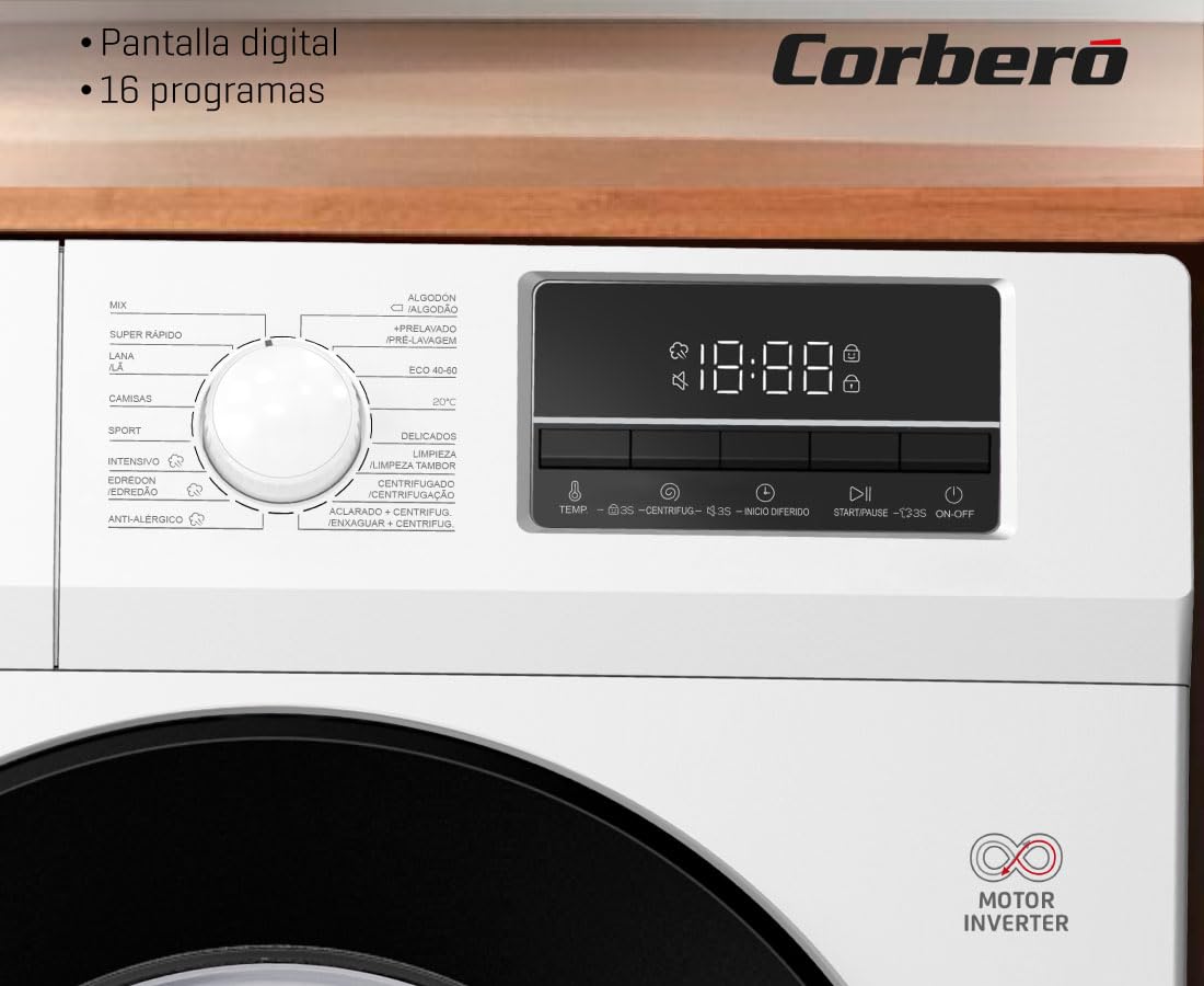 Corberó - Lavadora Carga Frontal Plus 7kg | CLT712VIN | 1200 Rpm | Motor Inverter | 16 Programas | Vapor Antialérgico | Inicio Diferido 3-24h | Lavado Rápido 15-30 Min | Puerta XXL | Blanco
