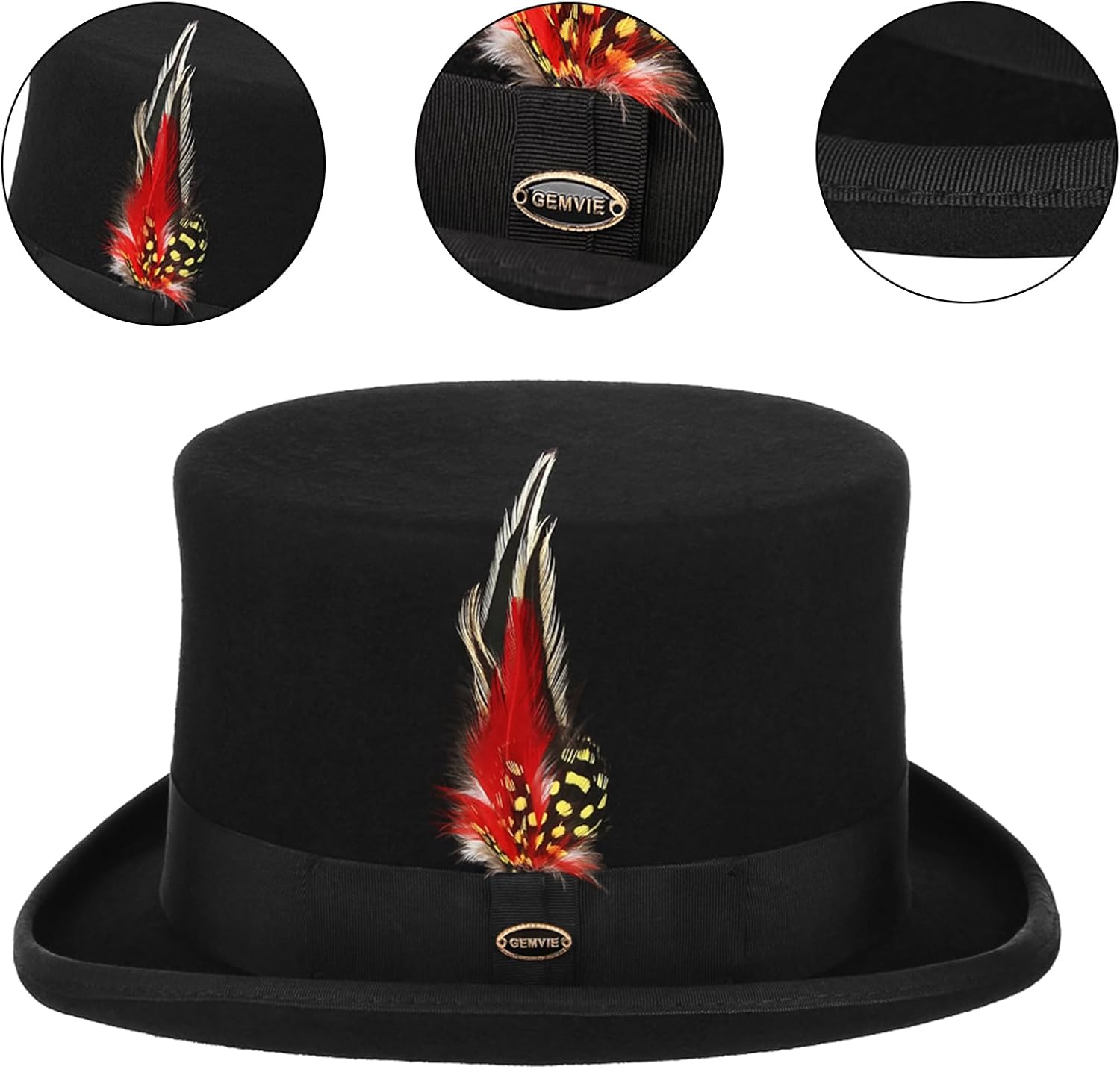 GEMVIE Men 100% Wool Top Hat Mad Hatter Satin Lined Black Low Top Hats for Party - Image 3