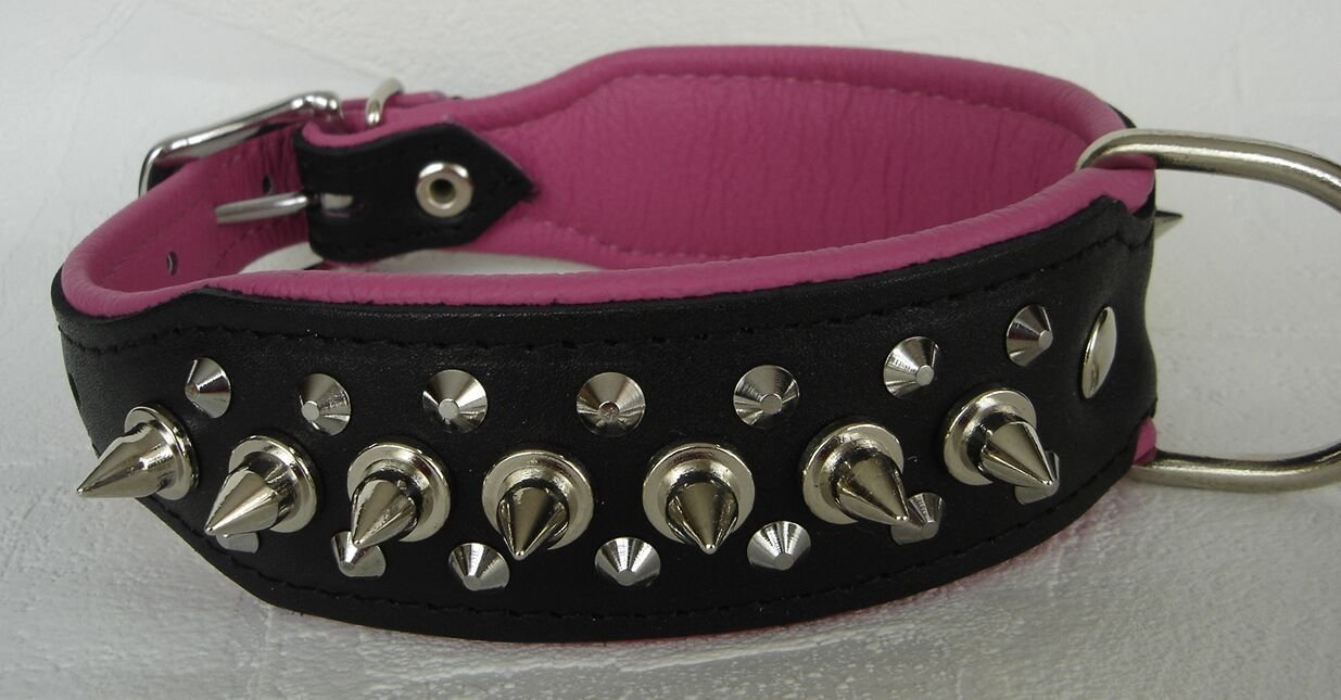 Hunde Halsband - Halsumfang 45-51cm/40mm, Leder+Nieten Schwarz-PINK(PL.5-10-12-27)