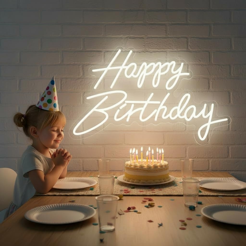 Happy Birthday Neon Sign, LED Light Up Sign for Party Wall Decor Warm White Birthday Neon Lights Powered by USB Reusable Happy Birthday LED Sign for Backdrop Any Ages Celebration