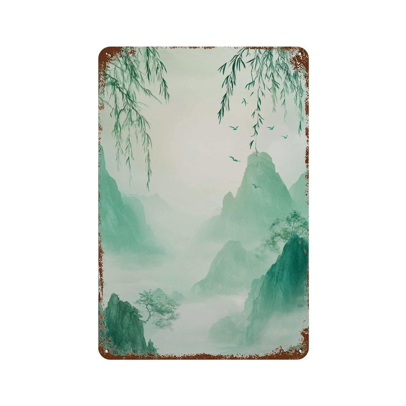 xiaoxiaoshen Green Misty Mountain Tranquil Asian Landscape Zen Nature Calming Wall Decor Art Metal Tin Poster Modern Home Decor Art Home Bar Shop Decorations Vintage Sign 30x20cm