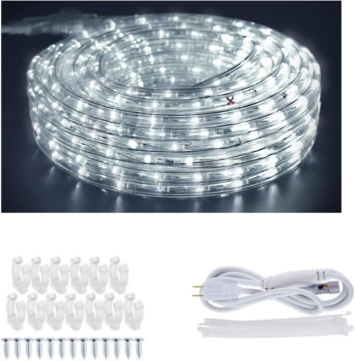 Outdoor LED Rope Lights Indoor Daylight White 6500K Waterproof 432 LEDs 40ft/12m Flexible Plug in 110V UL Listed Power Plug Garden Stairs Balcony Party Christmas