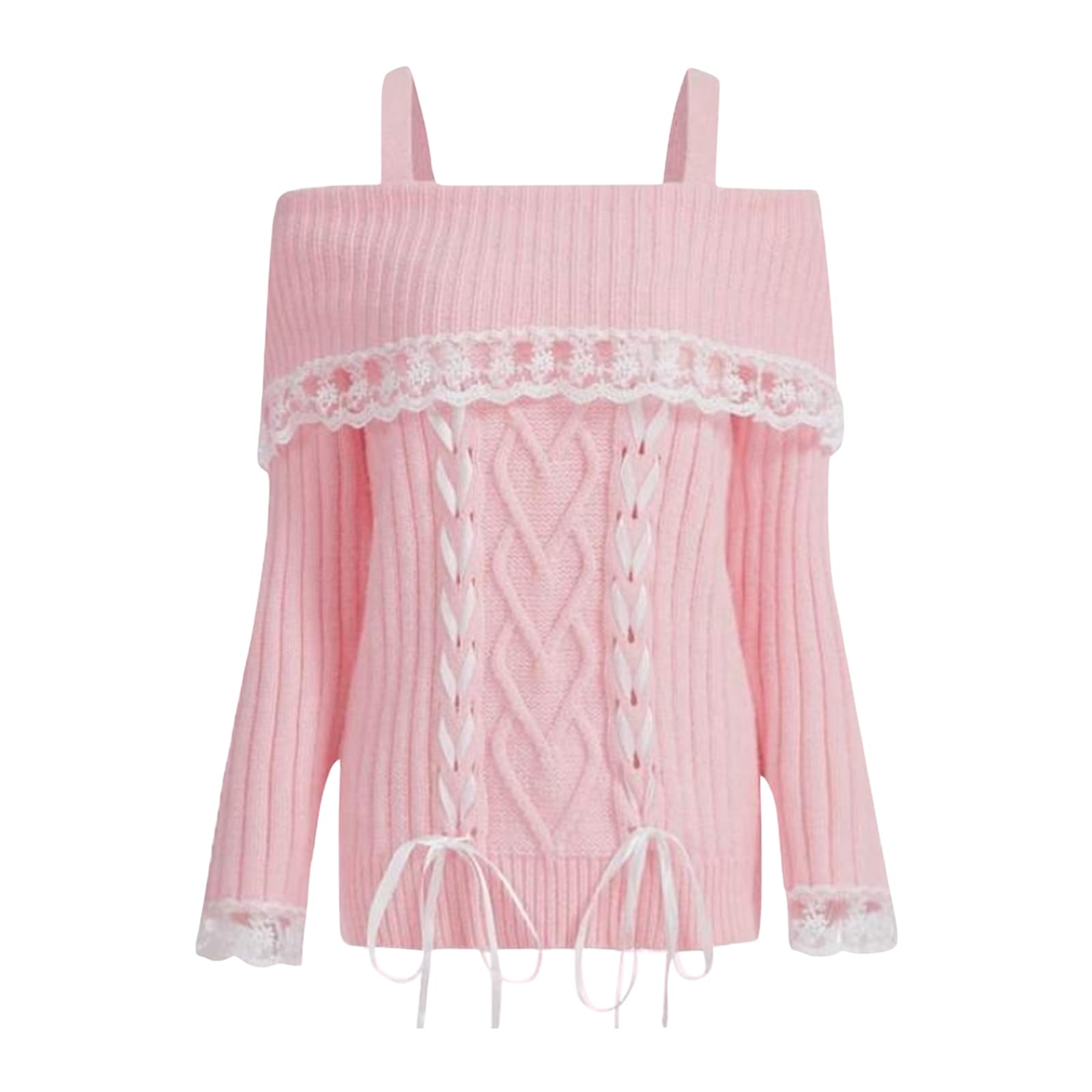 Women Off Shoulder Jumper Cute Long Sleeve Lace Trim Knit Top Fall Fashion Knitted Pullover Sweater for Teen