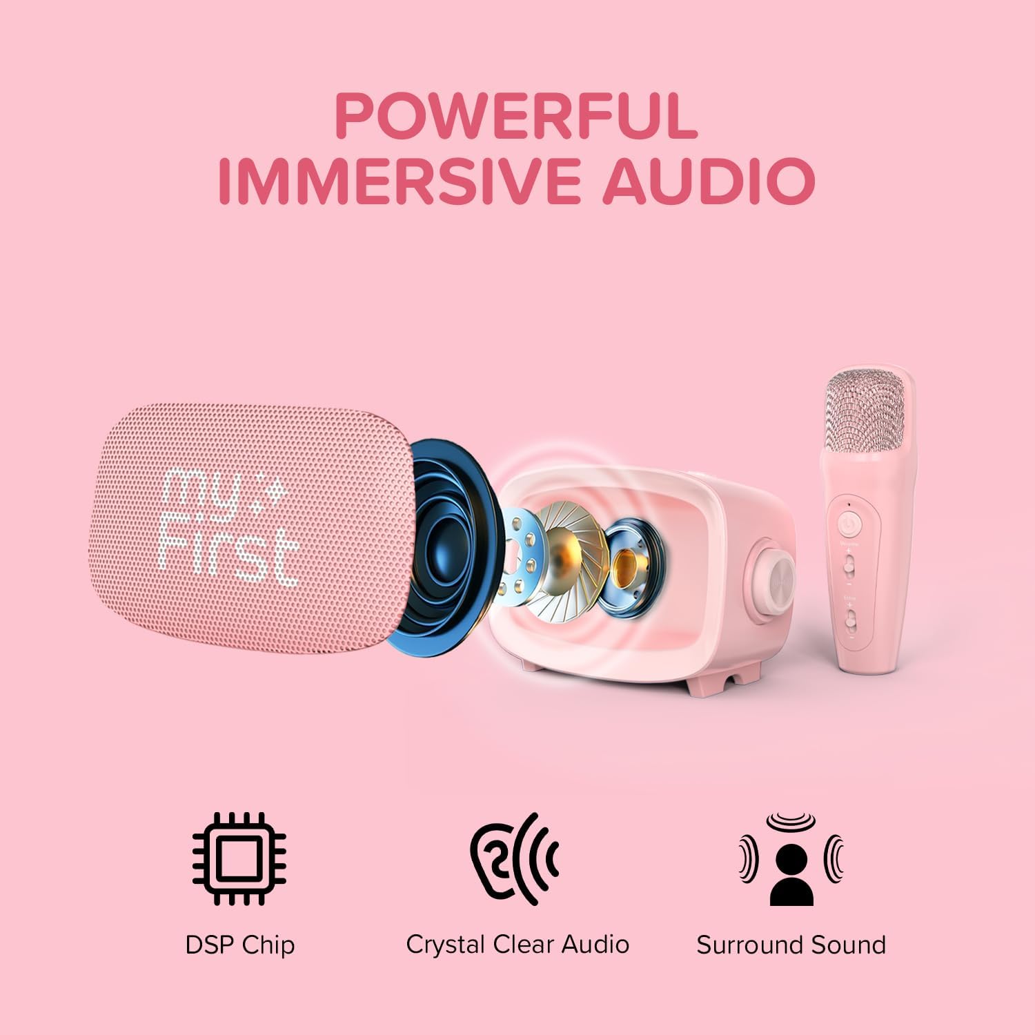 myFirst Voice 2 - Kids Mini Karaoke Machine with Wireless Microphone and Ai Voice Changer for Kids, Portable Bluetooth Speaker, Christmas Toys Gifts for Girls and Boy 3-12 Years Old (Pink)