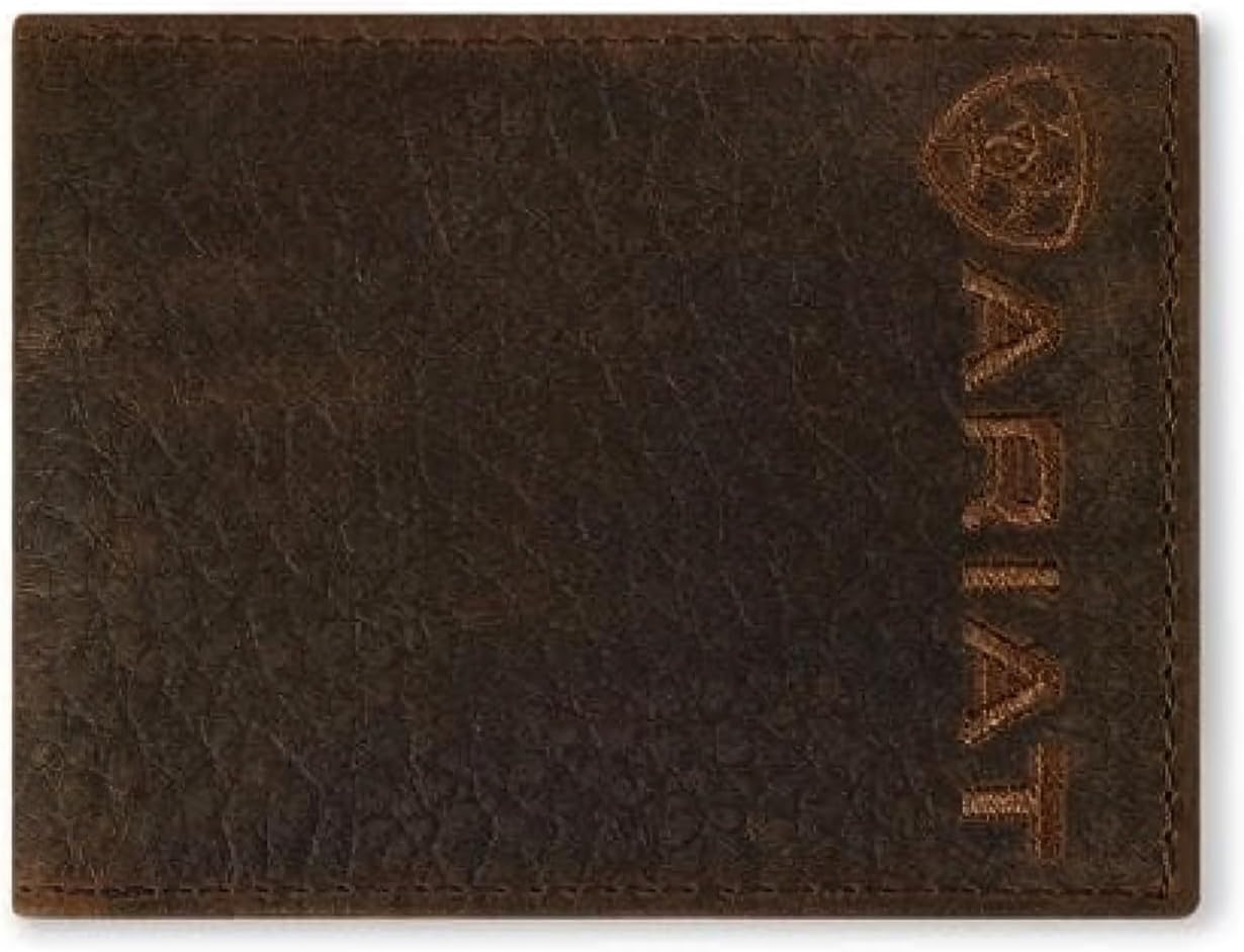 ARIAT Men’s Bull Hide Leather Bifold Wallet with Embroidered Logo, Dark Brown