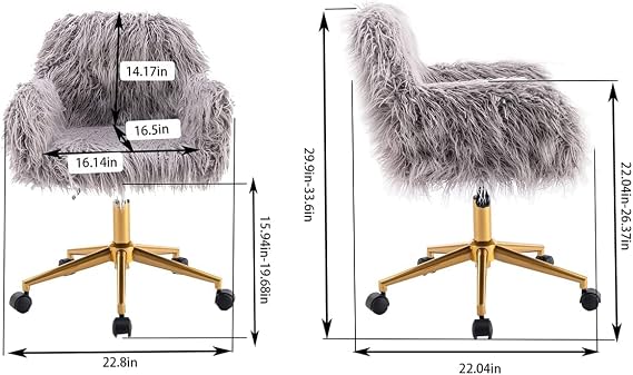 Grey Fuzzy Vanity Chair, Cute Faux Fur Desk Chairs with Golden Leg Upholstered Seat Height Adjustable Swivel Rolling Chair for Bedroom Living Room Home Office