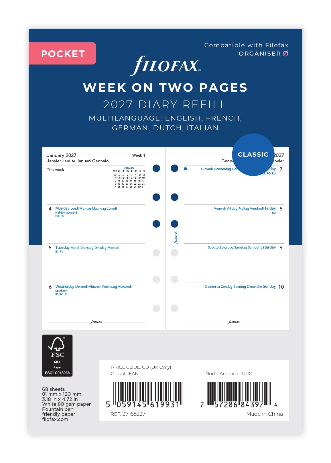 Filofax Pocket Week on two pages 5 language 2027 diary 27-68227