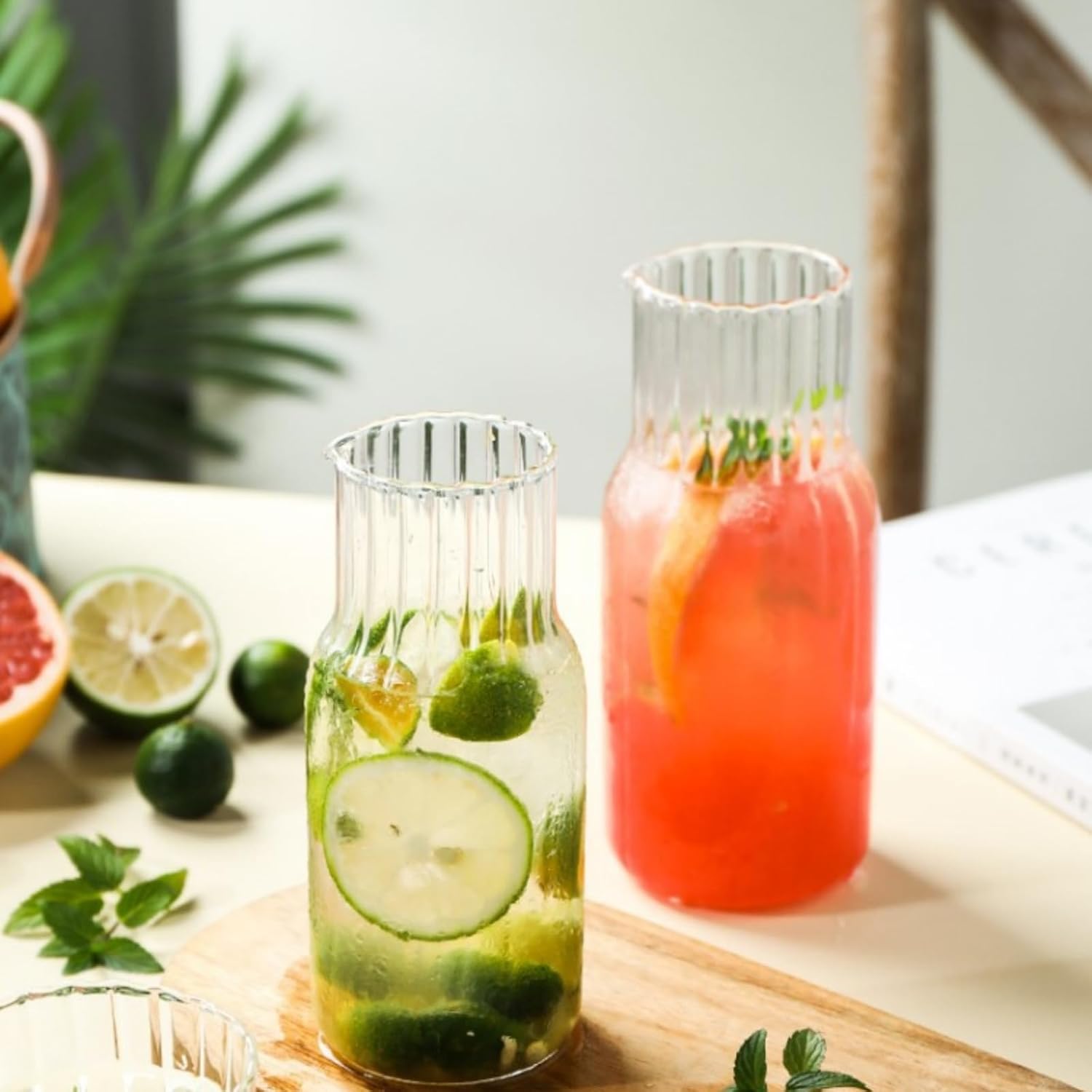 3 Packs Bedside Water Carafe with Tumbler & Cleaning Brushes, Ribbed Glass Carafe and Cup Set, 20.3oz Clear Glass Pitcher with Matching Cup for Juice, Water, Ideal for Home, Bar & Gifts