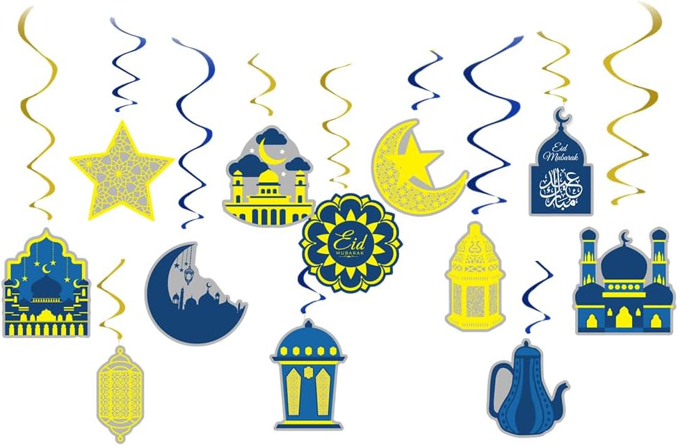 FeLeARamadan Mubarak Hanging Swirl Decorations,12 Pieces Eid Mubarak Hanging Swirl Decorations Shining Star Moon Lantern Ceiling Foil Decor for Eid Party Holiday Decorations Supplies (Blue and Gold)
