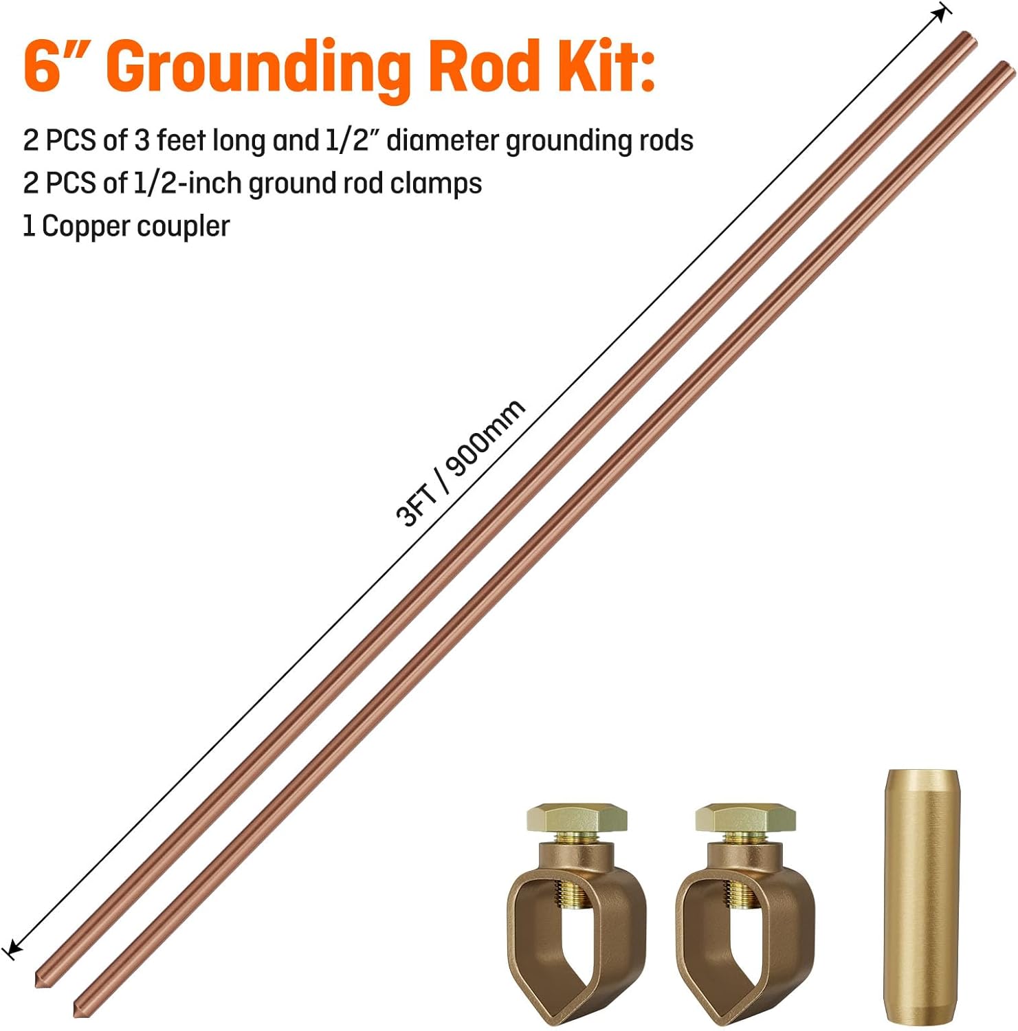 HEVIDUBANA 6ft Copper Clad Ground Rod Kit 1/2" with Clamps - Durable Grounding for Electric Fences, Generators, Satellite Dishes