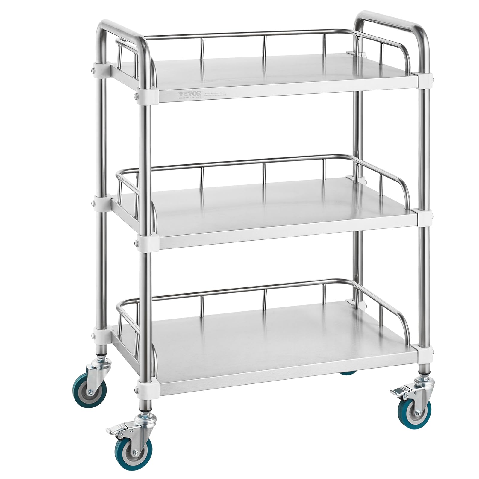 VEVOR Lab Rolling Cart, 3-Shelf Stainless Steel Rolling Car, Serving Cart with Swivel Casters, Dental Utility for Clinic, Lab, Hospital, Salon, 26.38"x15.55"x34.13"