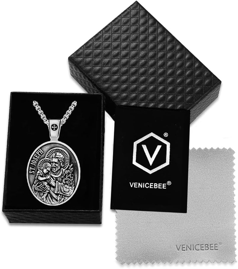 VENICEBEE® Saint Joseph Medal St. Joseph Father with Son Jesus Christ Devotional Christian Sacramental Solid 925 Sterling Silver Pendant Necklace + Velvet Pouch, Polishing Cloth, Fine Gift Box - Image 5