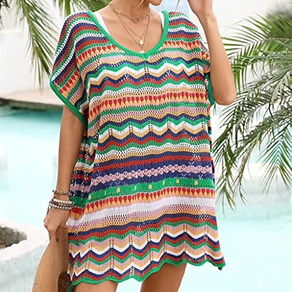Vrouwen Crochet Strand Bikini Cover Up Korte Mouw Holle uit Crochet Cover Ups Dress Zomer Zwemkleding Top (Color : Green, Size : XL)