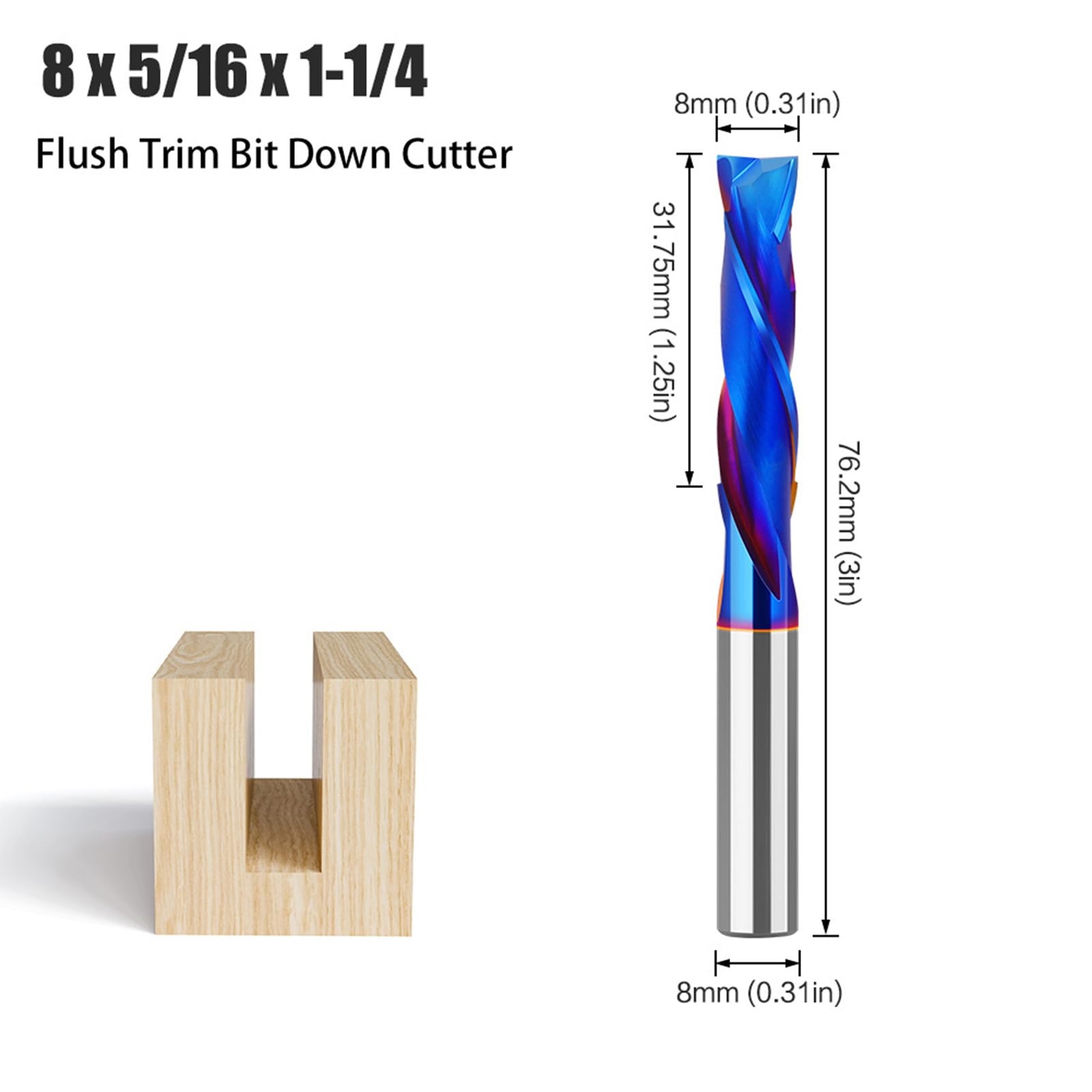 MACHSWON Straight Two Flute Router Cutter 8mm Shank,5/16" Cut Diameter & 31.75mm Cut Length,Tungsten Carbide Tipped,Milling Cutter Straight Router Bit Flush Trim Bit Down Cutter - Image 2