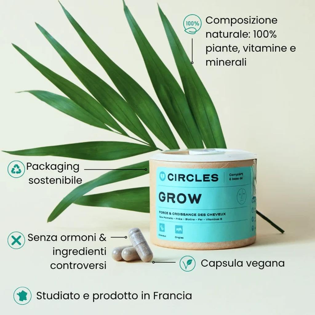 Circles GROW – Integratore Anti Caduta e Ricrescita Capelli Donna | Biotina, Saw Palmetto, Equiseto, Ferro | Capelli e Unghie | Senza Zuccheri né Edulcoranti | 30 Capsule