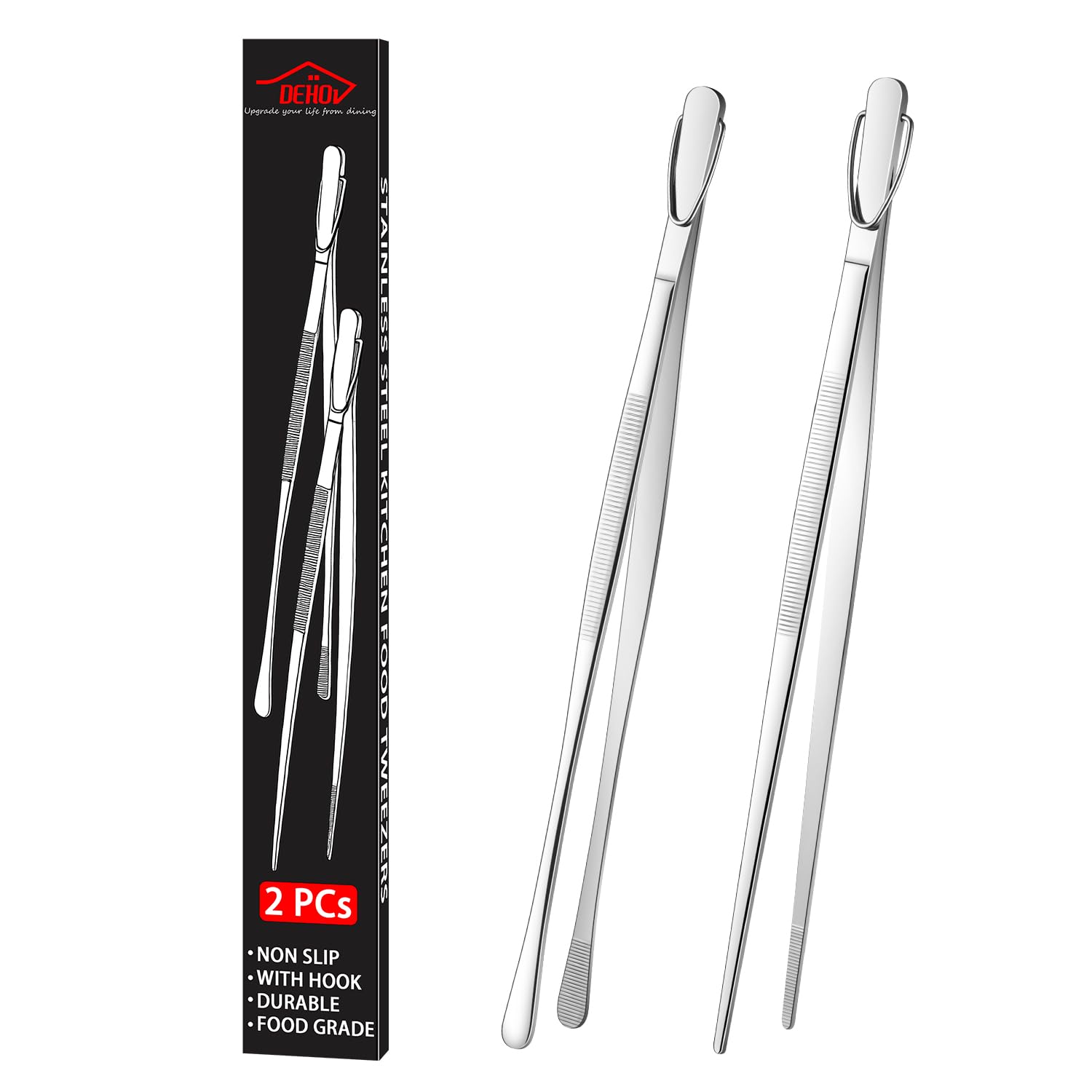 DEHOV Pinzas largas de cocina de acero inoxidable de 12 pulgadas para cocinar, pinzas de metal para pasta, pinzas de espagueti Skinny Chef