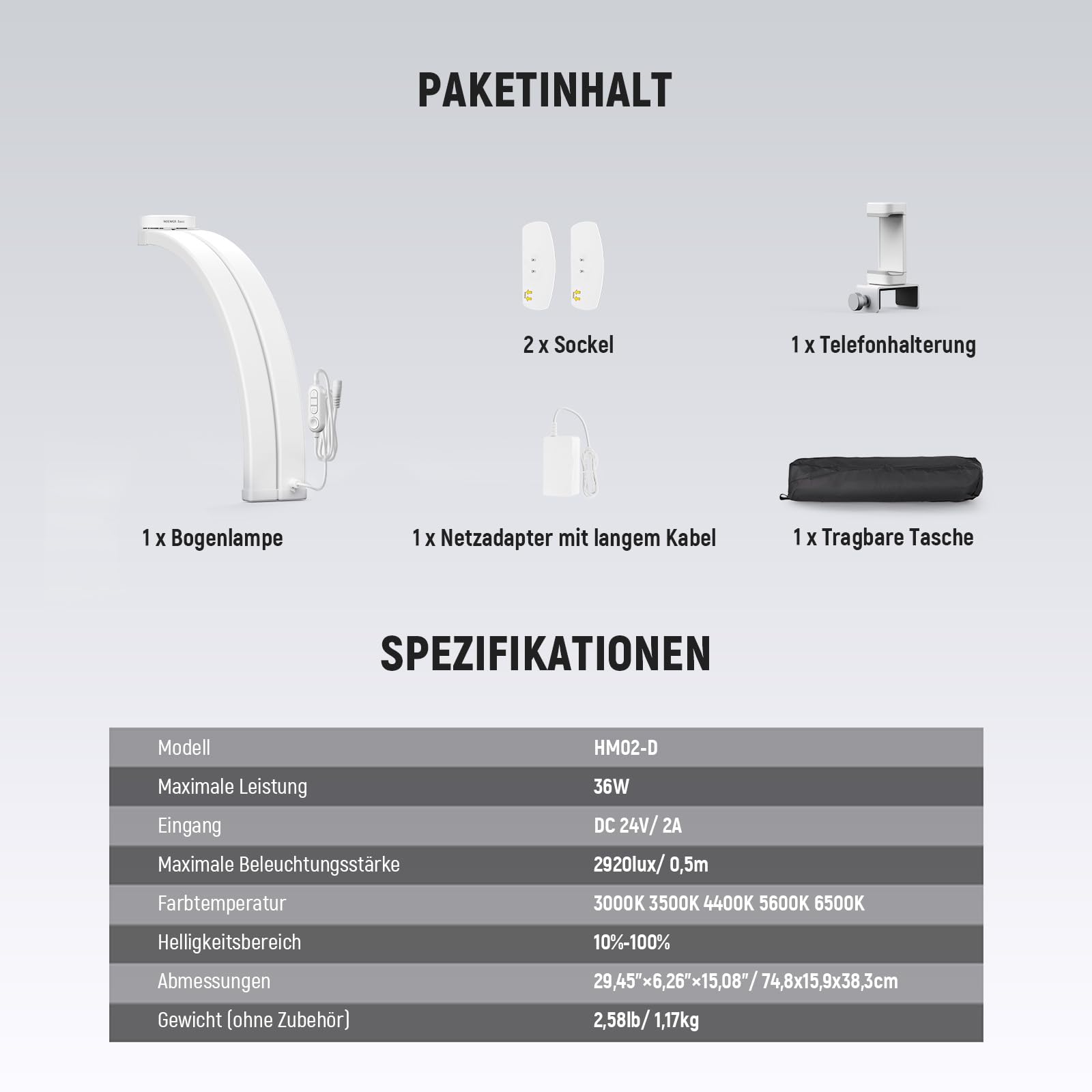 NEEWER Basics 29" Halbmond Nagellampe für Tisch, 36W klappbare Nagelstudio Bogenlampe, LED Maniküre Halb Ringlicht mit Handyhalter für Makeup Beauty Tattoo Überkopf Videoaufnahmen, HM02-D