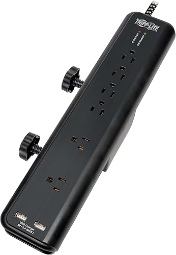 Miniatura 6 de Tripp Lite Protector de sobretensiones con abrazadera de escritorio, 6 salidas y 2 USB, resistente a las microbrías, cable trenzado de 8 pies, 2100