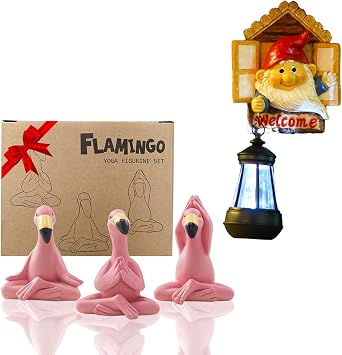 Goodeco Mini Yoga Flamingo Figurine & Gnome with Lantern Tree Art Sculpture,Unique Decoration Patio,Garden Courtyard,Gift idea