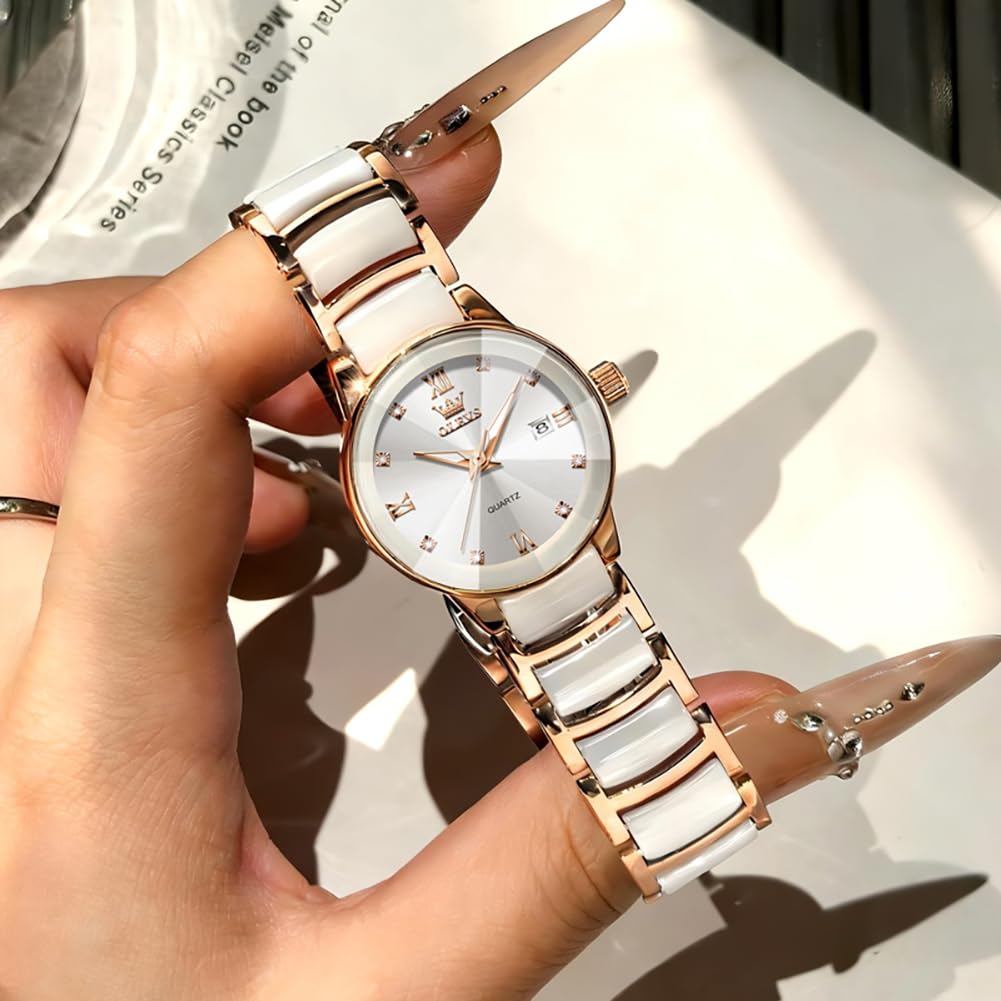 OLEVS Orologio da donna con quadrante piccolo, cinturino sottile in ceramica e acciaio inossidabile, lussuoso, con accenti di diamanti, elegante orologio da polso da donna, impermeabile, luminoso, al