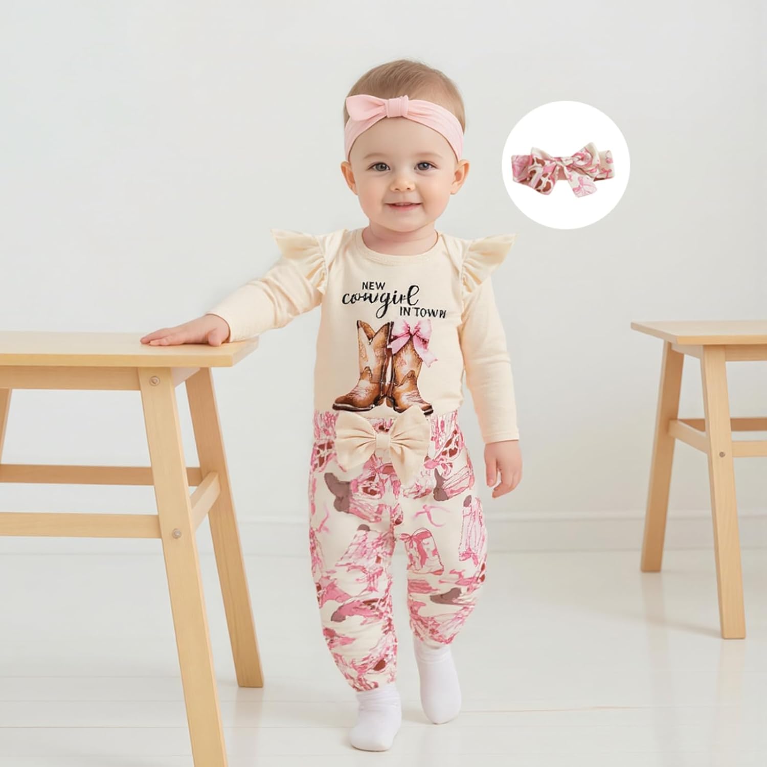 Western Newborn Baby Girl Fall Winter Clothes Cowgirl Ruffle Long Sleeve Romper + Jogger Pant 3Pcs Outfit Set - Image 4