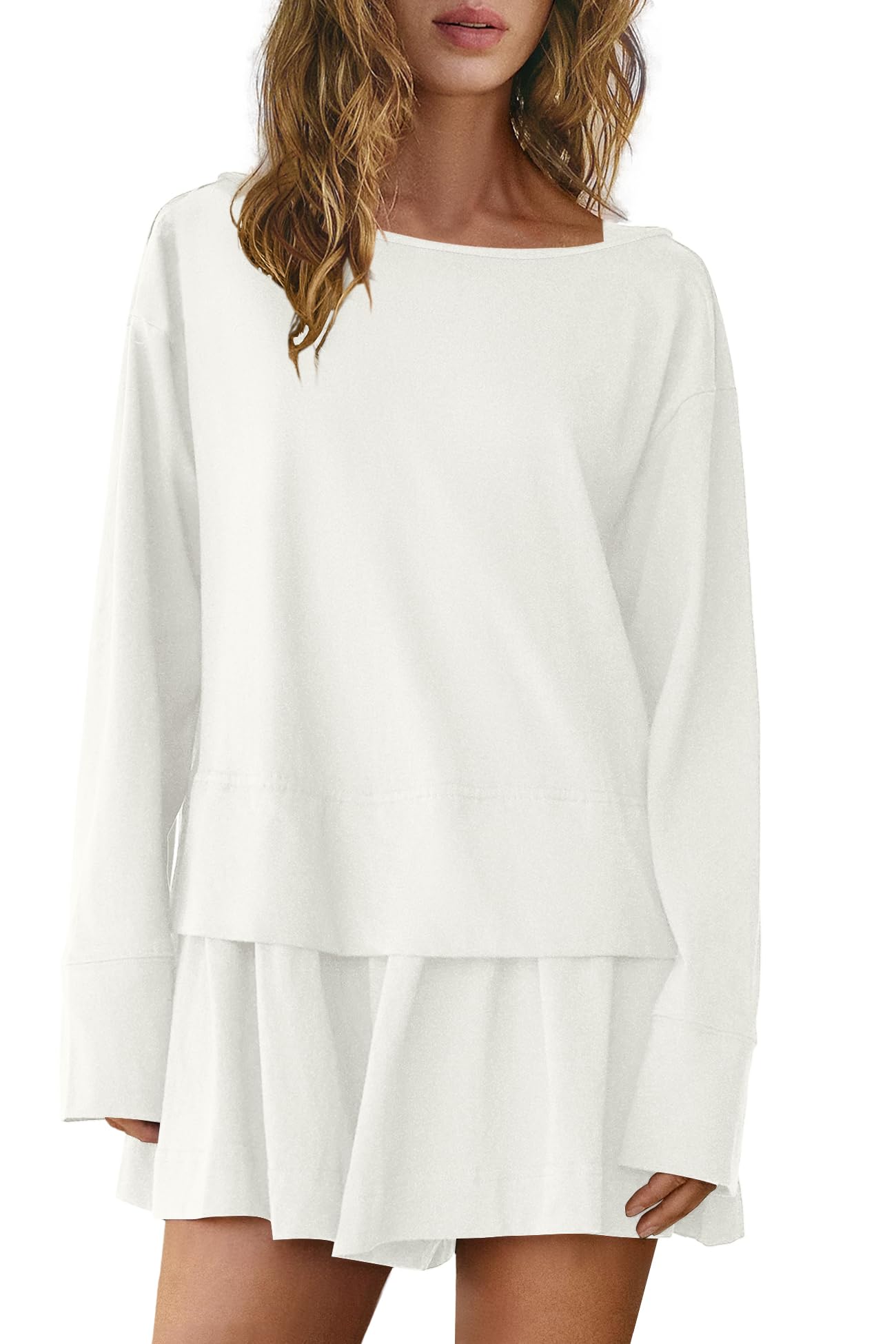 Panadila Womens Long Sleeve Short Romper Dresses Crewneck Oversized One Piece Jumpsuit Open Back Layered Casual Outfit