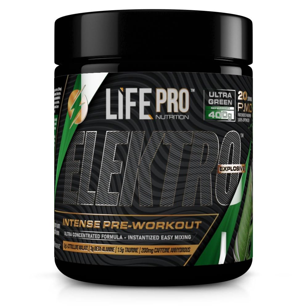 Pre Entreno Life Pro Elektro 400g - Pre Workout con Citrulina Malato 8000mg, Beta Alanina 3000mg, Taurina 1500mg y Cafeína 200mg - Preentreno gimnasio fuerte - Energía y Rendimiento (Ultra Green)