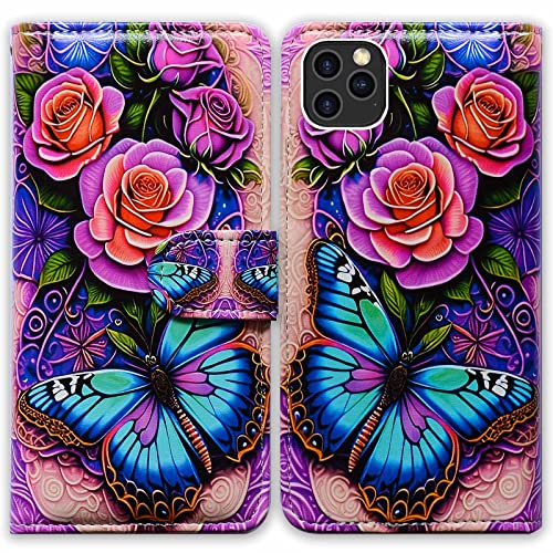 Bcov Case for iPhone 12 Pro Max,Blue Butterfly Flowers Rose Leather Flip Phone Case Wallet Cover with Card Slot Holder Kickstand for iPhone 12 Pro Max