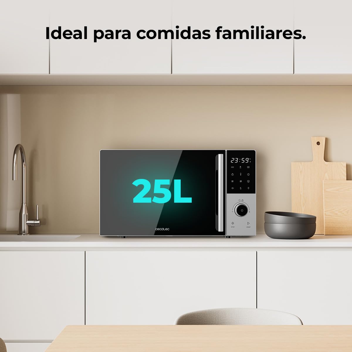 Cecotec Microondas Digital con Grill 25L Proclean 2500. 850W, Grill 1200W, Convección 2200W, 8 Programas, 5 Niveles de Potencia, Plato 315mm, Temporizador 60m, Seguridad Niños, Táctil