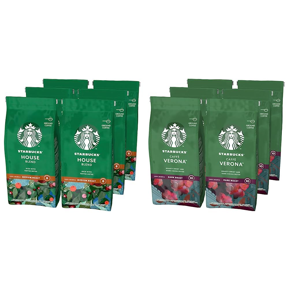Starbucks Caffè Macinato, 200g (6 Sacchetti) - Tostatura Media (House Blend) e Scura (Caffè Verona) - 1.2kg - 12 Sacchetti