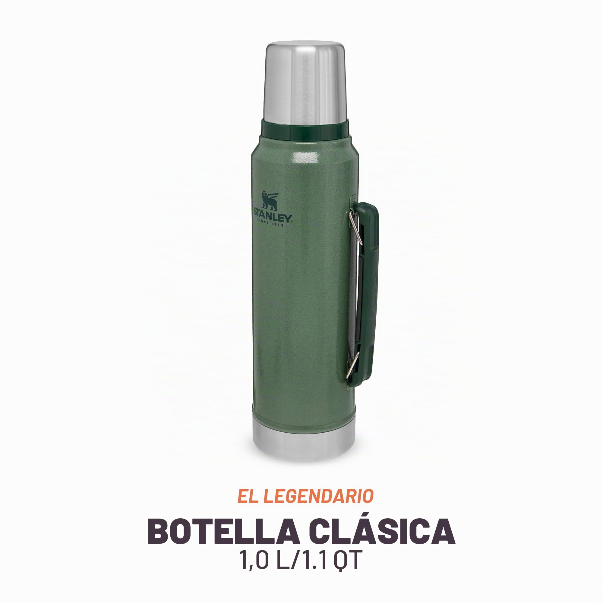Stanley Classic Legendary Botella Termica 1 Litro - Mantiene Frío o Calor 24 Horas - Termo Cafe - Cantimplora Acero Inoxidable - Sin BPA - Apto Para Lavavajillas - Hammertone Green