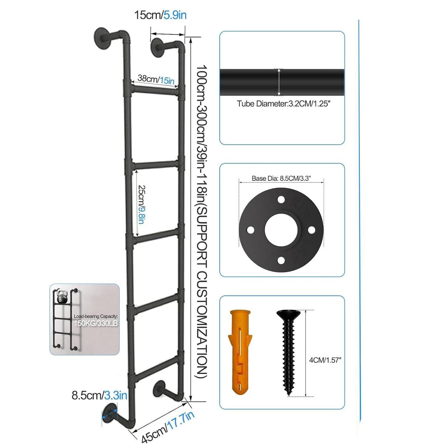 Escalera antideslizante, escalera de escape de incendios de hierro de Metal ferroso montada en la pared, escalera de seguridad del techo al aire libre con camión ático pesado de 330 libras,Black-1.4M